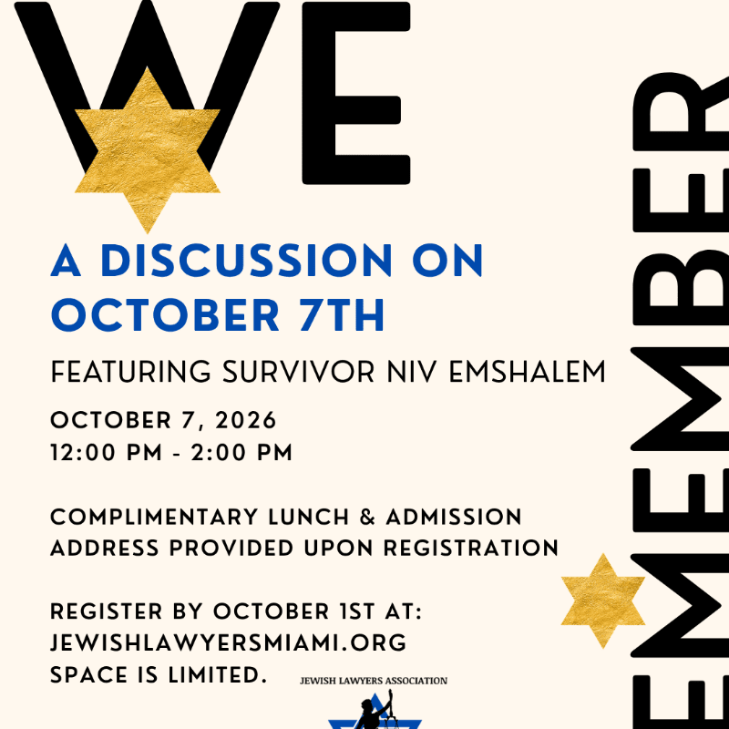 Black text and a blue heading detailing an event for October 7th are set against a plain off-white background with gold Stars of David.