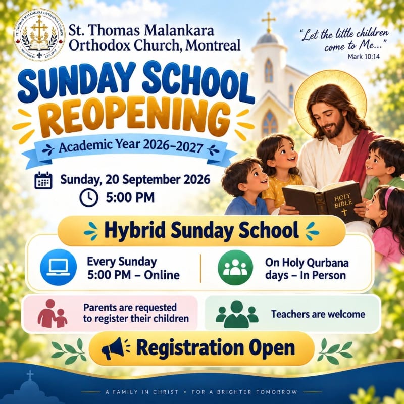 A colorful announcement for the St. Thomas Malankara Orthodox Church Sunday School reopening features text and a biblical illustration of Jesus with children in the foreground, set against a soft-focus background of a church building and greenery.