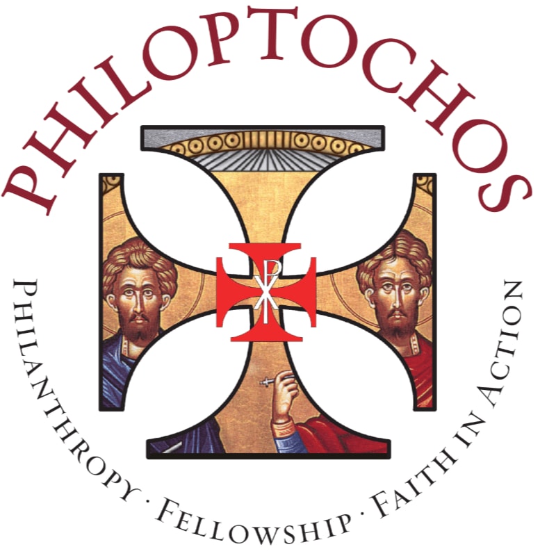 A central red Chi-Rho symbol is set within a larger white cross featuring religious figures, all encircled by the red text "PHILOPTOCHOS" and the phrase "PHILANTHROPY · FELLOWSHIP · FAITH IN ACTION" against a plain white background.