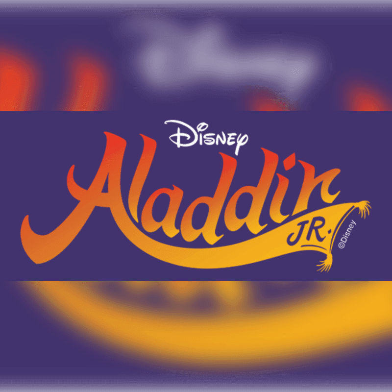 The "Disney Aladdin Jr." logo in orange and yellow is centered against a blurred purple background.