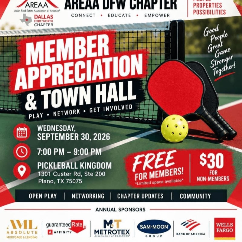 A promotional flyer for a member appreciation event features a red pickleball paddle and yellow ball in the foreground against a background of a pickleball court and net.