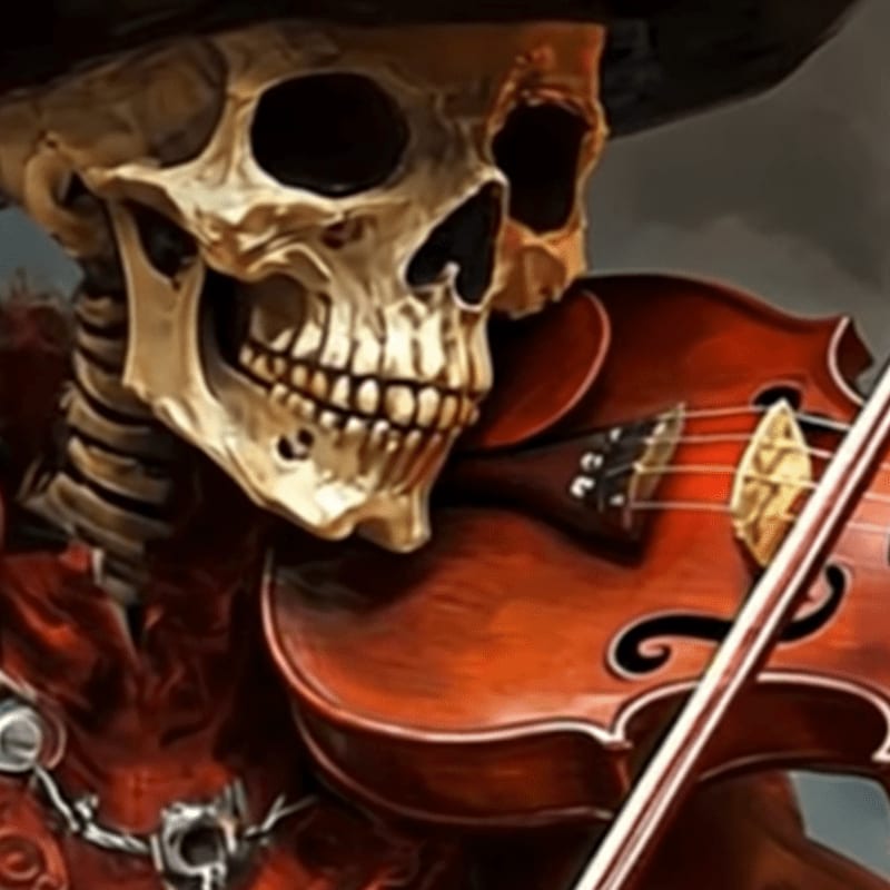 A skeleton wearing a hat and red clothing plays a violin against a dark, muted background.