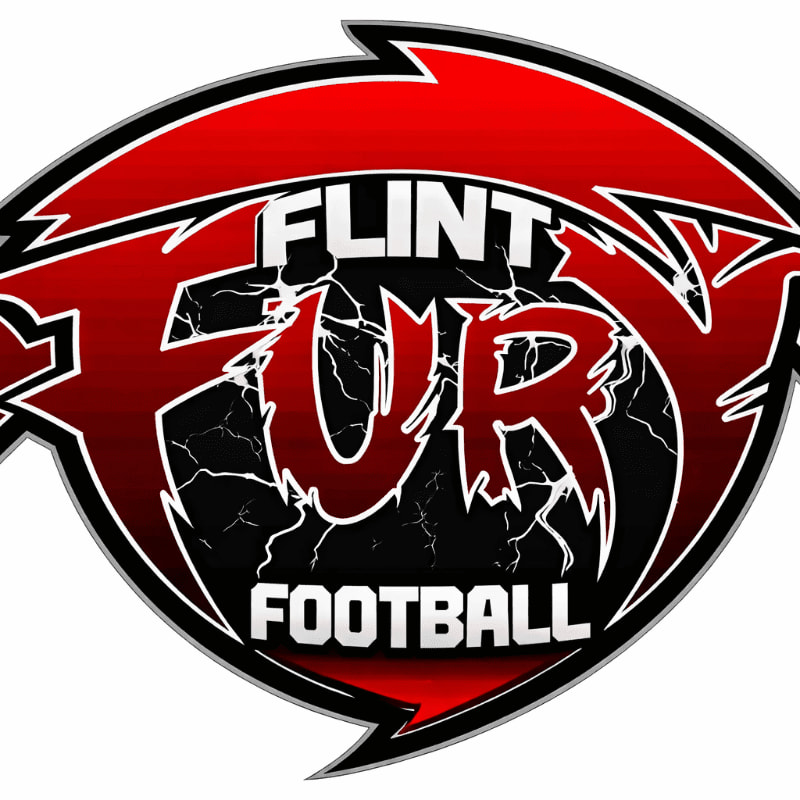 A red and black "Flint Fury Football" logo featuring stylized text and lightning effects set against a white background.