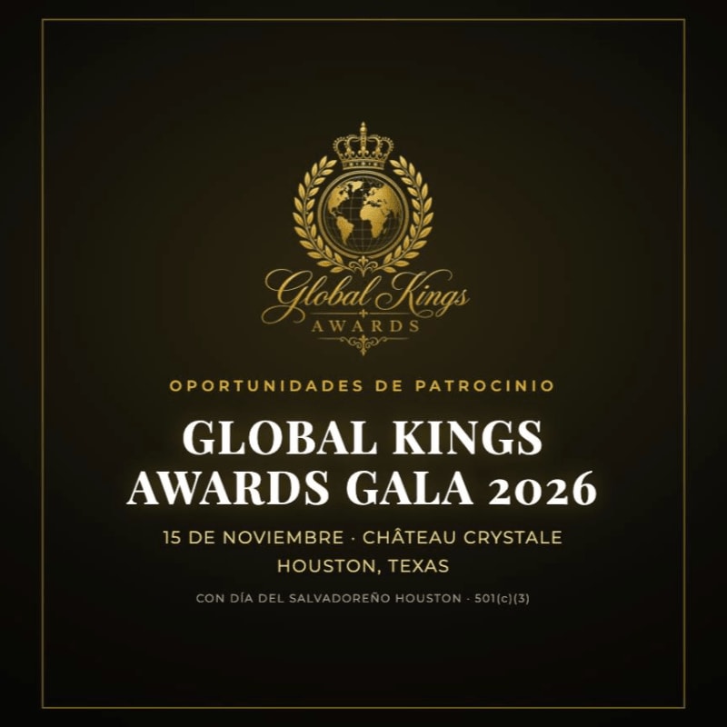 Gold text and a crown logo for the Global Kings Awards Gala 2026 are centered against a dark, textured background.