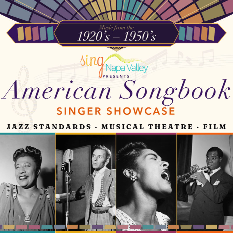 Four black-and-white portraits of legendary musicians are displayed in the foreground against a white background featuring colorful Art Deco graphics and text for an "American Songbook Singer Showcase."