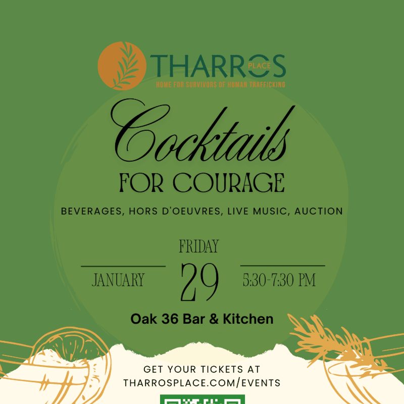 Text announcing a "Cocktails for Courage" event is centered over a green background with gold leaf illustrations at the bottom.