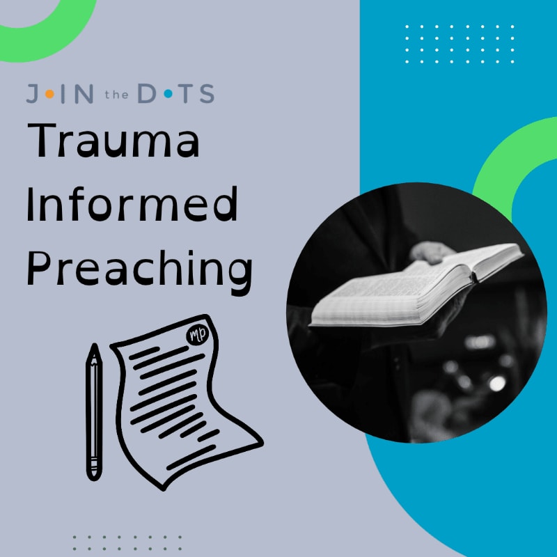 Text reading "Trauma Informed Preaching" and a drawing of a pencil and paper sit in the foreground against a split light-purple and blue background featuring a circular photo of someone holding an open book.