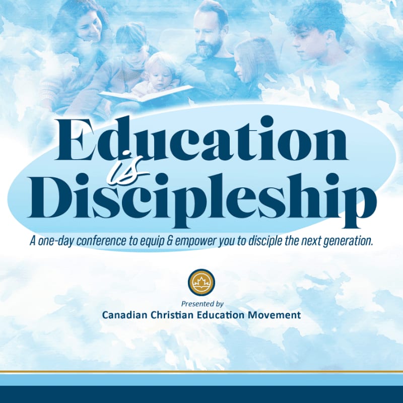 Bold blue text reading "Education is Discipleship" sits in the foreground over a light blue background featuring a faded image of a family reading together.