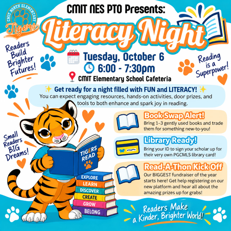 A cute cartoon tiger reading a book stands in the foreground of a colorful "Literacy Night" event flyer featuring event details and activities against a bright blue background.