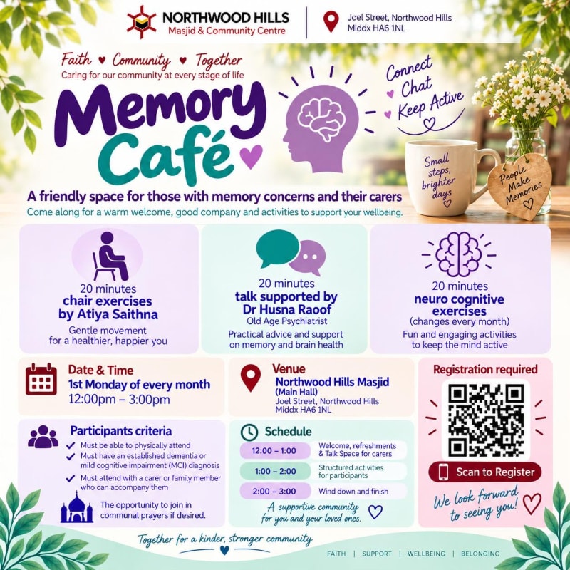 A colorful promotional flyer for a "Memory Café" is set against a blurred background of a bright room with a coffee mug and white flowers.