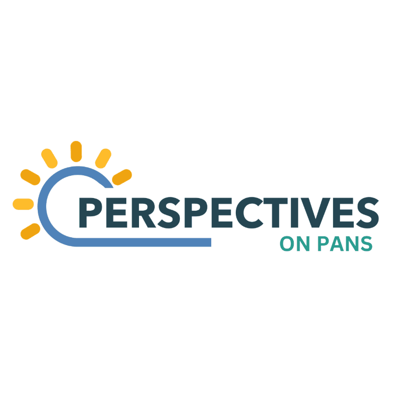 A logo featuring the word "PERSPECTIVES ON PANS" in dark blue text with a stylized blue curve and yellow sun rays against a plain white background.