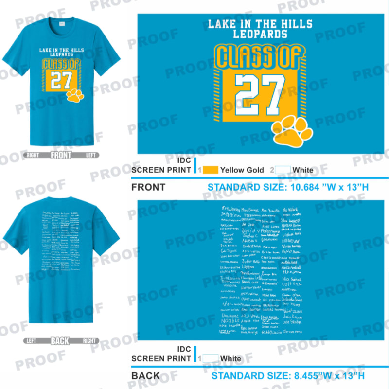 Blue t-shirts with "Class of 27" and a paw print on the front and a list of names on the back are displayed against a white background with "PROOF" watermarks.