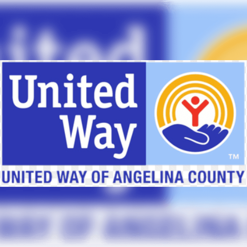 A United Way of Angelina County logo with white text and a colorful emblem is set against a blurred blue and yellow background.
