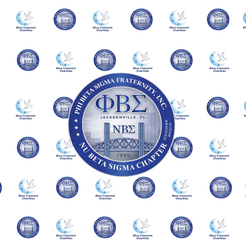 A large Phi Beta Sigma Fraternity logo centered in the foreground is set against a white background repeating smaller fraternity and Blue Crescent Charities logos.