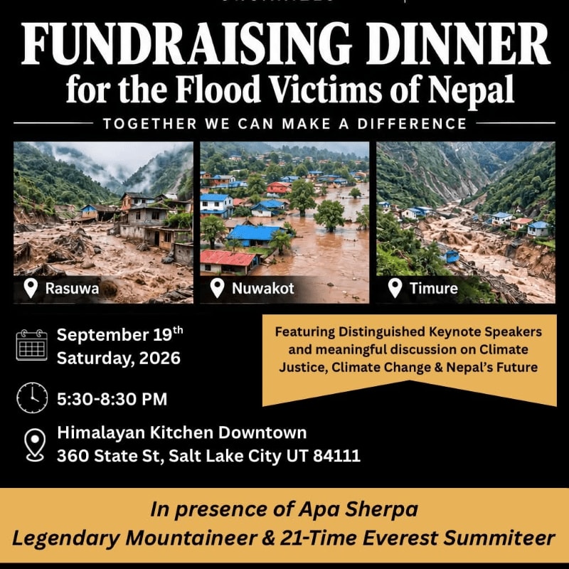 A fundraising dinner flyer features three photos of flood-damaged Nepalese villages in the center, set against a black background with white and yellow text.
