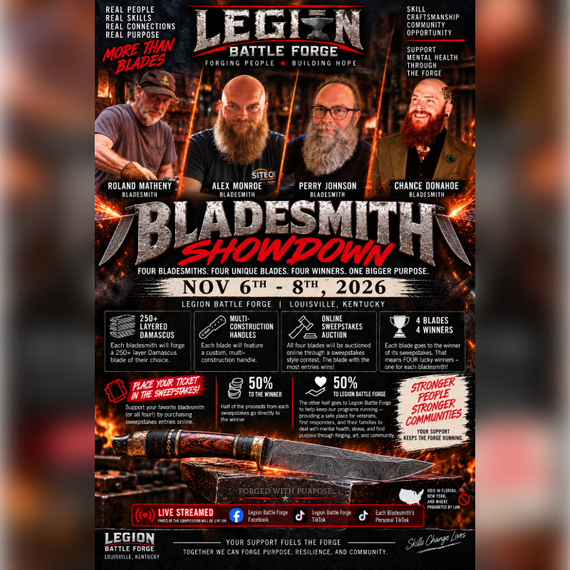 Four bladesmiths stand in the foreground of a promotional poster for the "Bladesmith Showdown," set against a dark, industrial background with sparks and bold text.