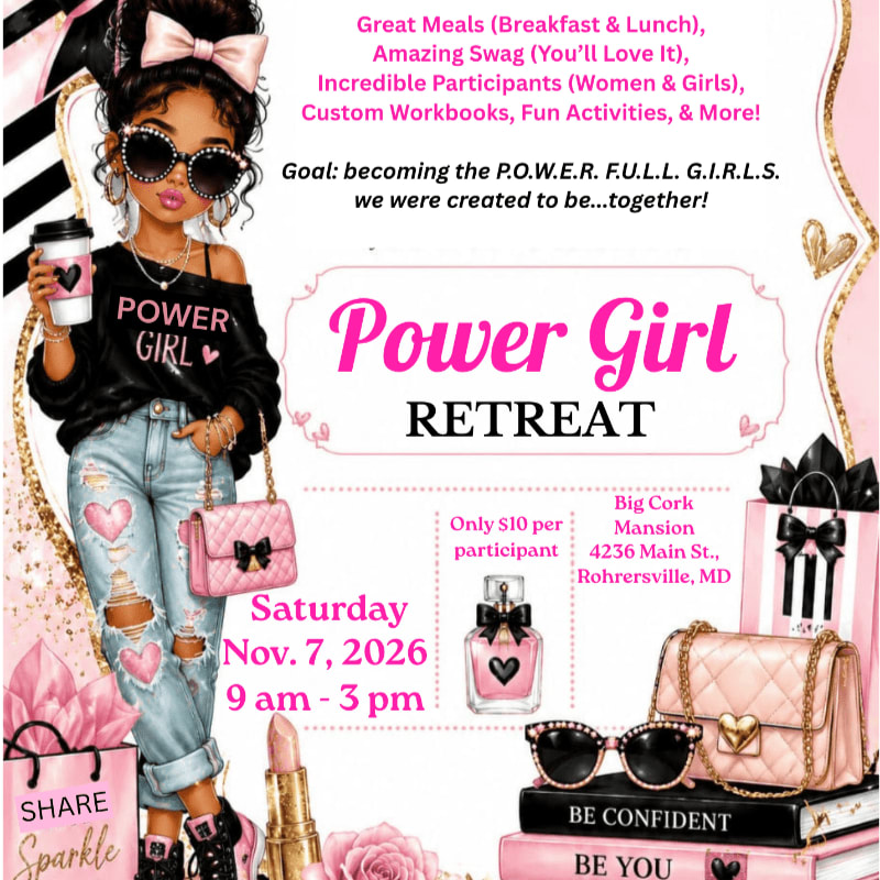 A stylishly dressed girl stands in the foreground next to fashion accessories and books, set against a pink and white promotional background for a "Power Girl Retreat."