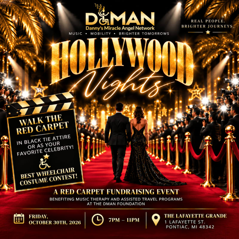 A couple walks down a red carpet toward a glowing "Hollywood Nights" sign, surrounded by photographers and gold stanchions against a backdrop of spotlights and palm trees.