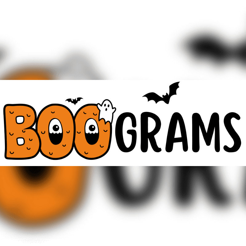 The word "BOOGRAMS" is written in a stylized font with orange pumpkin-like letters and Halloween icons in the foreground, set against a blurred white background with orange and black shapes.