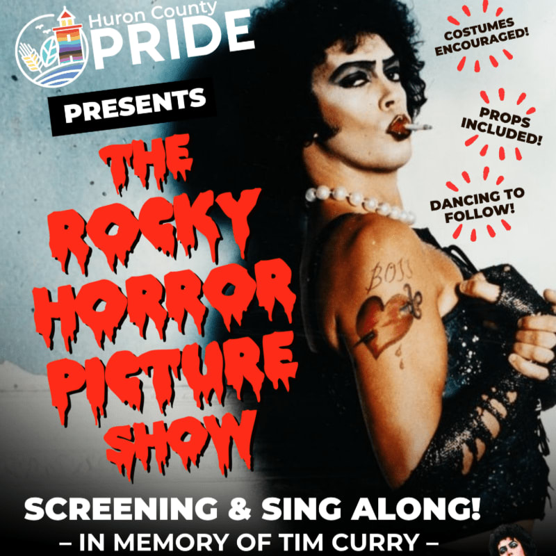 A promotional flyer for a screening of "The Rocky Horror Picture Show" features a person in costume on the right and bold, dripping red text on the left against a grey and black background.