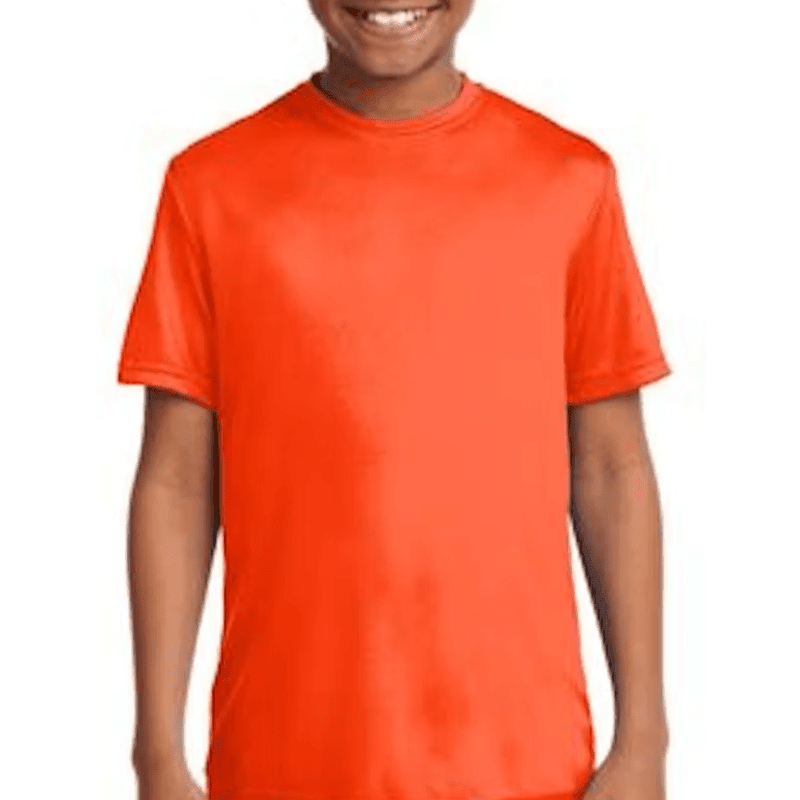 A person wearing a bright orange t-shirt stands against a plain white background.