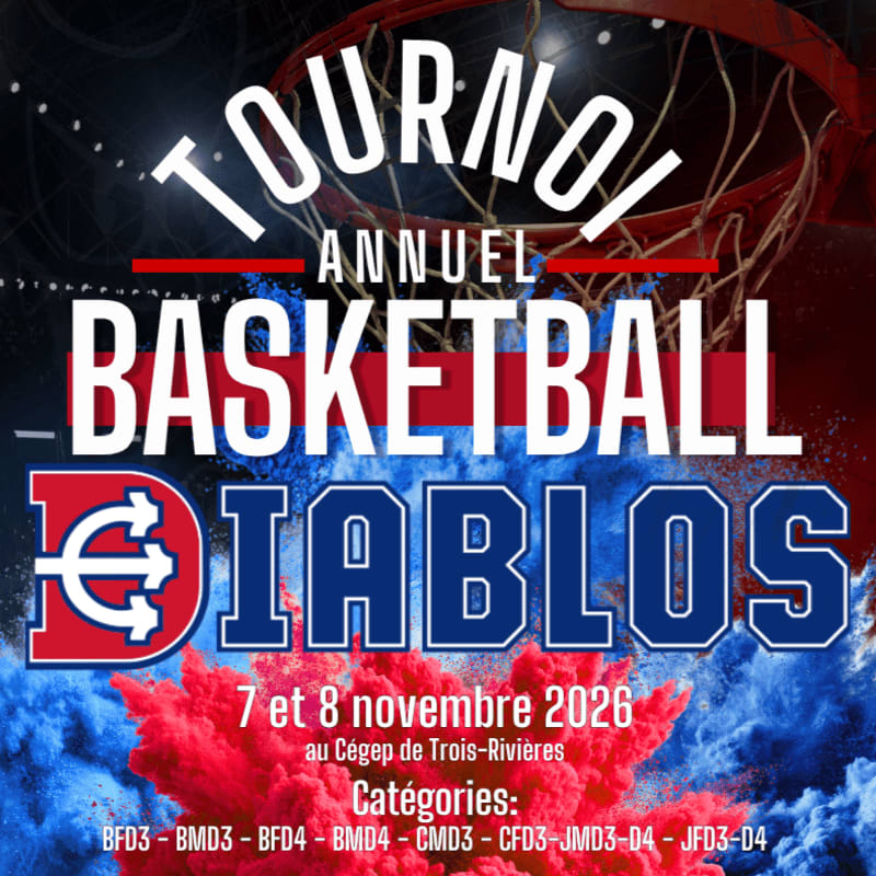 Bold white and red text announcing a basketball tournament for the Diablos sits in the foreground against a background of blue and red smoke and a basketball hoop.