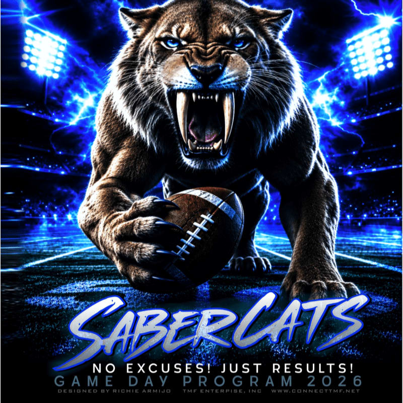 A fierce saber-tooth tiger clutches a football in the foreground against a backdrop of a glowing blue stadium with lightning bolts.