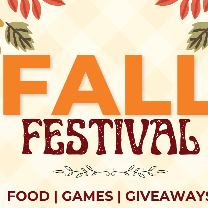 Bold orange and maroon text announcing a "Fall Festival" sits atop a light beige checkered background adorned with autumn leaves.