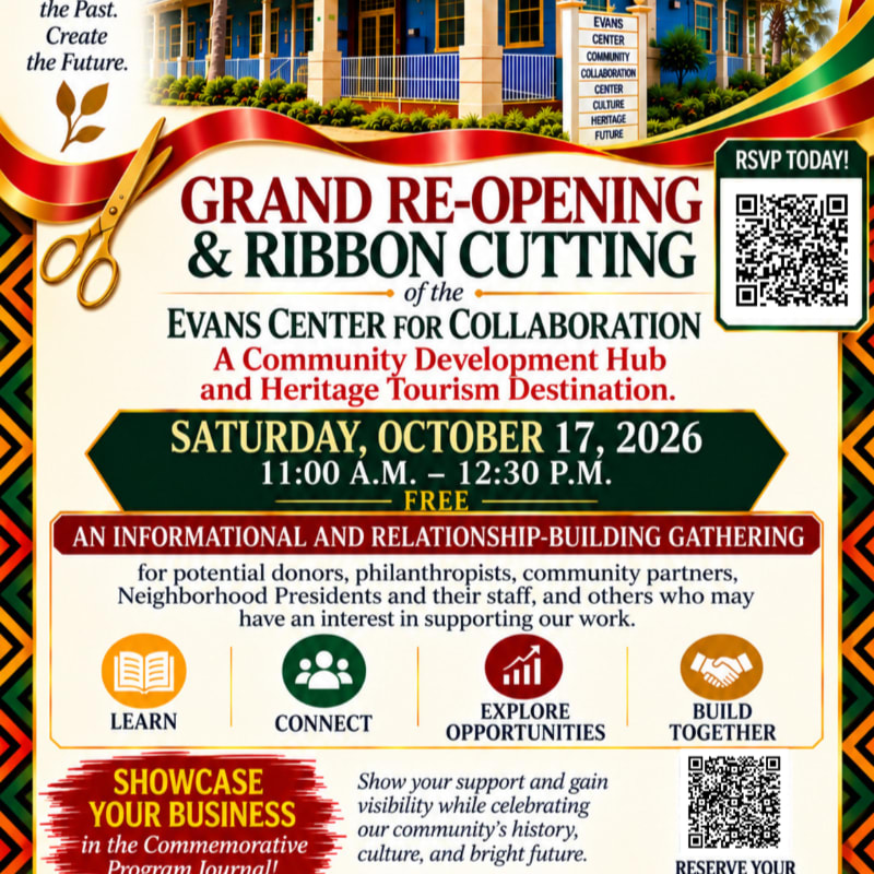 A promotional flyer for the Evans Center for Collaboration's grand re-opening features event details and QR codes in the foreground, with a photo of the center's building in the background.