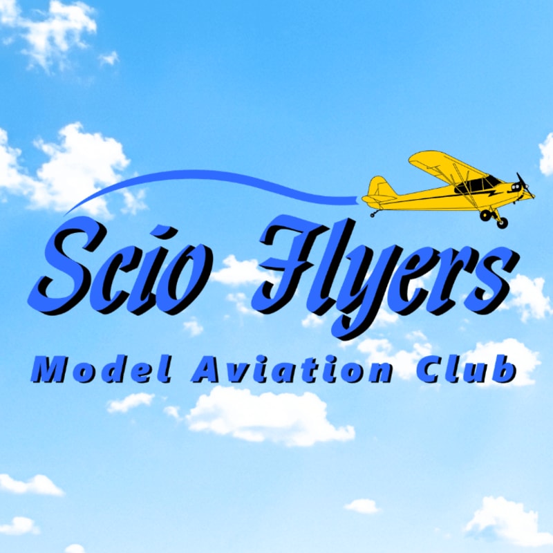 Blue text reading "Scio Flyers Model Aviation Club" and a small yellow airplane are set against a bright blue sky with fluffy white clouds.