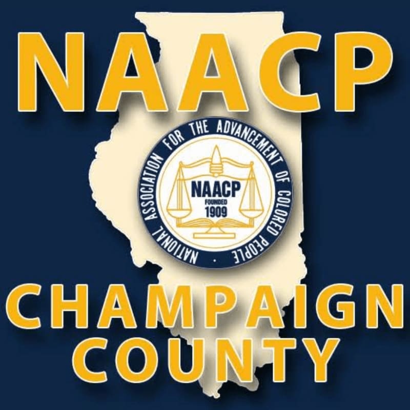 Yellow text reading "NAACP CHAMPAIGN COUNTY" and a circular NAACP seal are layered over a cream-colored silhouette of Illinois against a dark blue background.