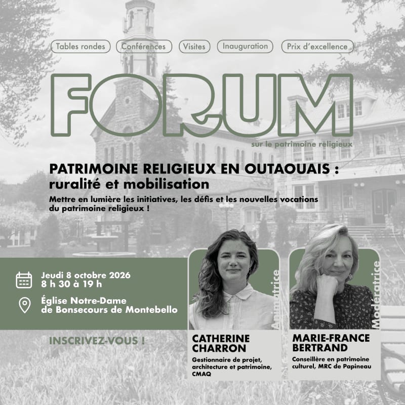 A promotional poster for a religious heritage forum features text and portraits of two women in the foreground against a grayscale background of a church and building.