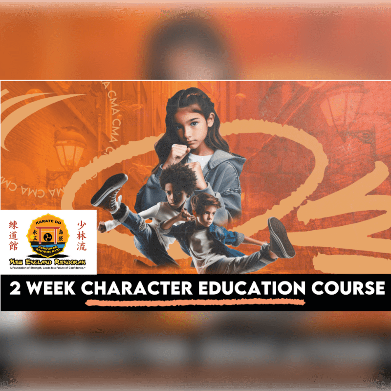 Three children in martial arts poses stand in the foreground against an orange-toned urban background with a promotional banner for a character education course below.