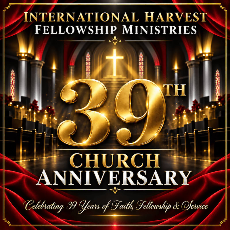 Large golden numbers "39th" and anniversary text sit in the foreground of a grand church interior featuring a glowing cross and red curtains.