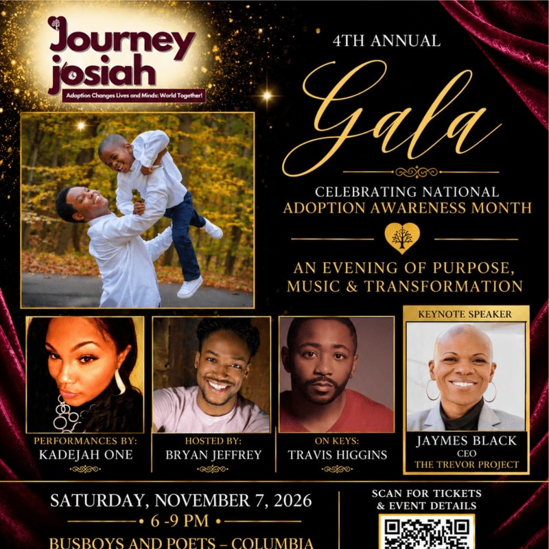 A promotional flyer for the 4th Annual Journey Josiah Gala features a joyful photo of a woman and child in the foreground against a black background with gold accents and event details.