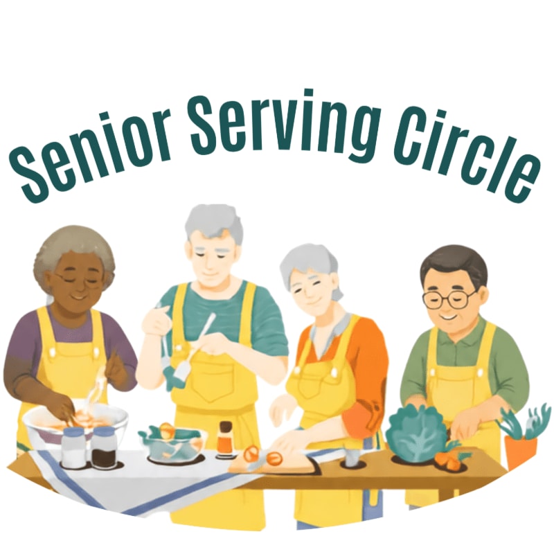 Four seniors in yellow aprons prepare food together at a table against a plain white background with the text "Senior Serving Circle" arched above them.