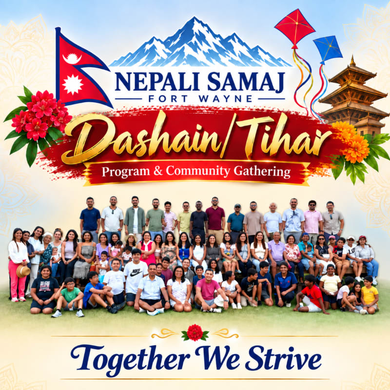 A large group of people poses for a photo in the foreground, set against a background featuring the Nepali flag, snow-capped mountains, kites, and a traditional pagoda.