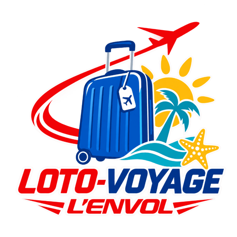 A blue suitcase stands in the foreground against a background featuring a red airplane, a yellow sun, a palm tree, and a starfish.