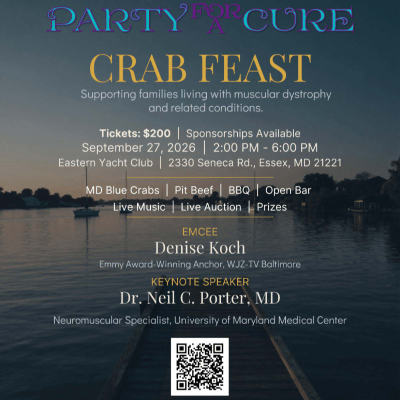 A wooden pier extends into a calm body of water with a boat in the distance, while text announces a "Party for a Cure Crab Feast" event.