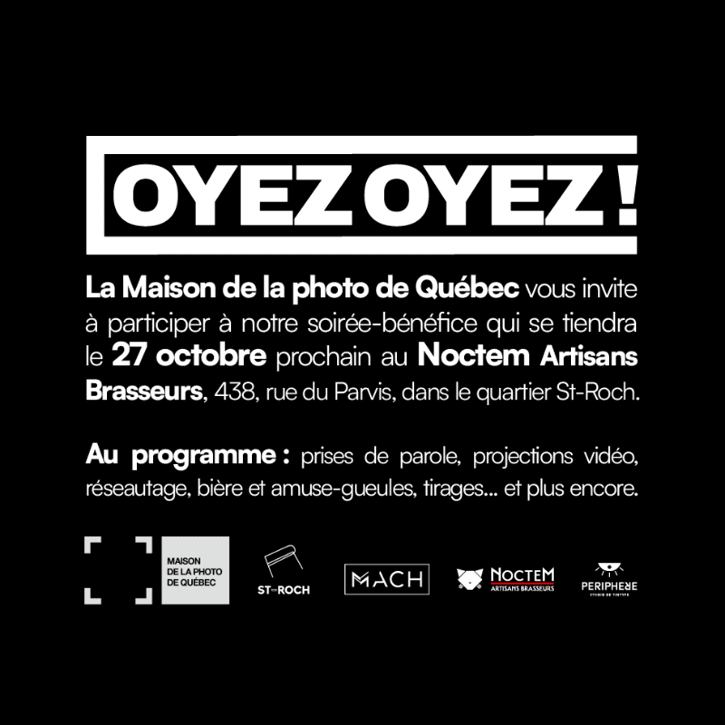 White text announcing a benefit evening for La Maison de la photo de Québec is centered against a solid black background.