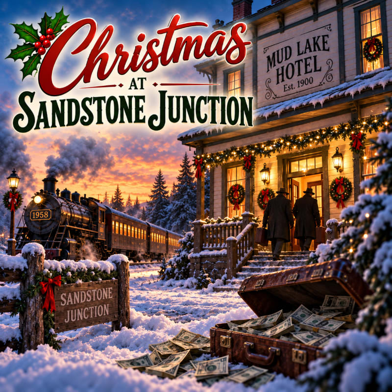 Open suitcases overflowing with cash sit in the snowy foreground, while a steam train arrives at the Mud Lake Hotel under a sunset sky.