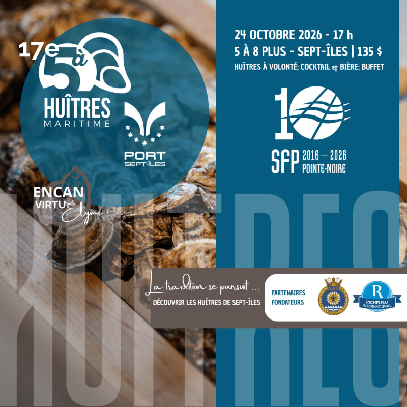 An event flyer for the 17th Huîtres Maritime features a blue circular logo and event details over a background of fresh oysters.