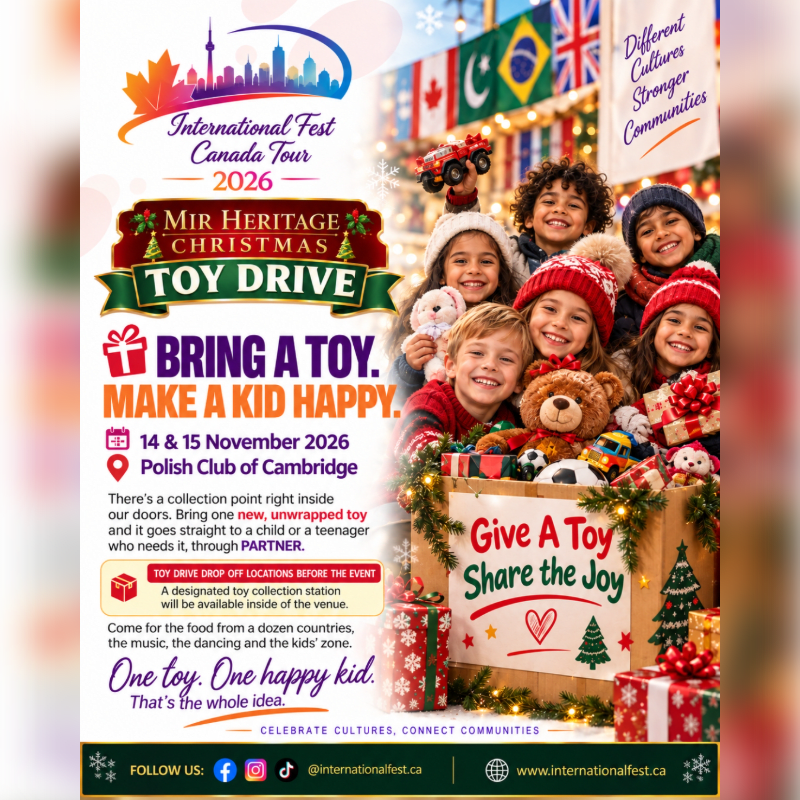A promotional flyer for a Christmas toy drive features smiling children with toys in the foreground and international flags in the background.