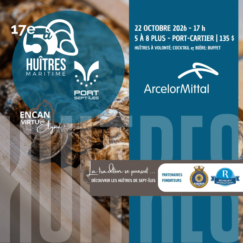 A promotional poster features a close-up of fresh oysters in the foreground and a blue informational panel with event details and corporate logos in the background.