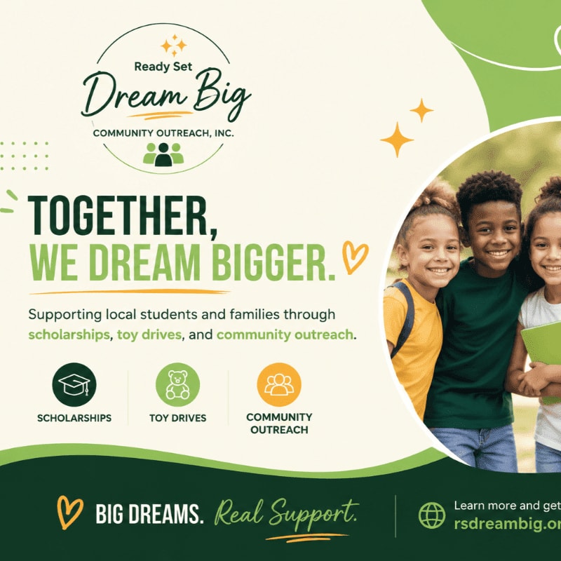 In the foreground, smiling children are featured with text about community outreach, while the background is a light green and cream design with the organization's logo.