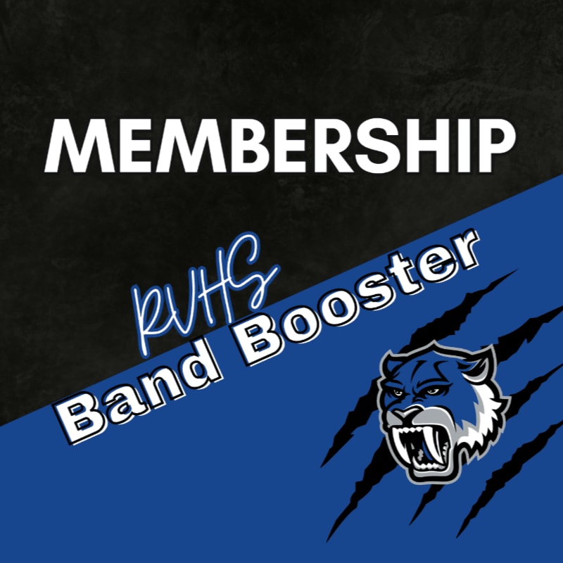 The words "MEMBERSHIP" and "KVHS Band Booster" are layered over a split background of textured black and blue, featuring a snarling tiger mascot in the lower right.