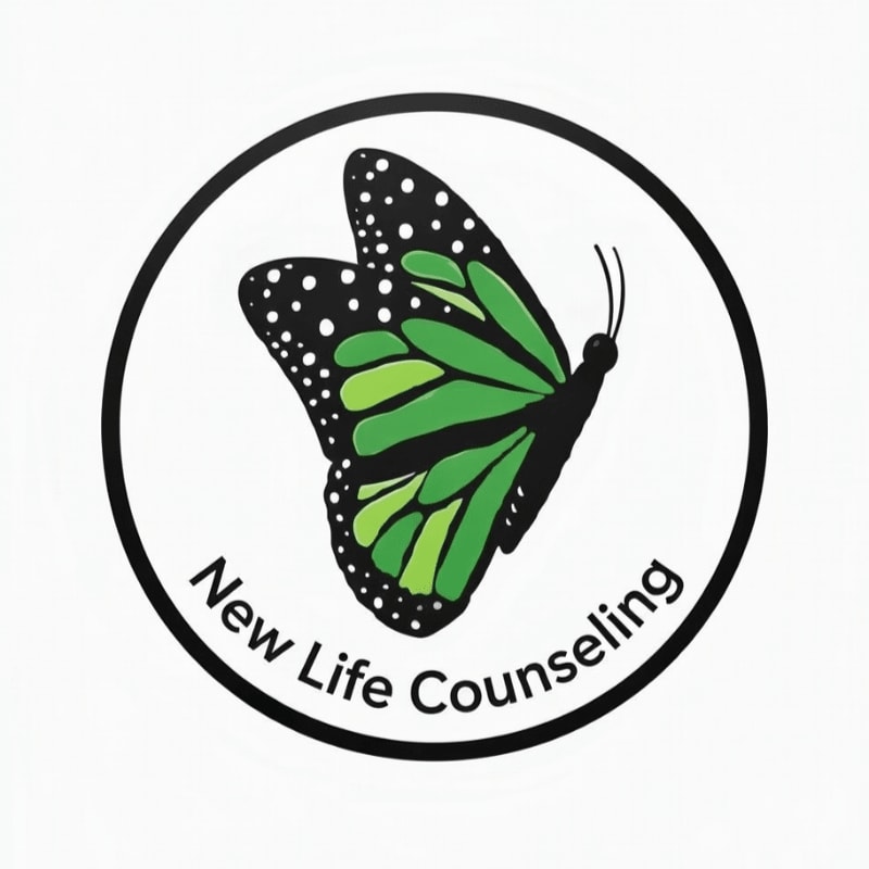 A green and black butterfly with the text "New Life Counseling" is centered within a black circular border against a plain white background.