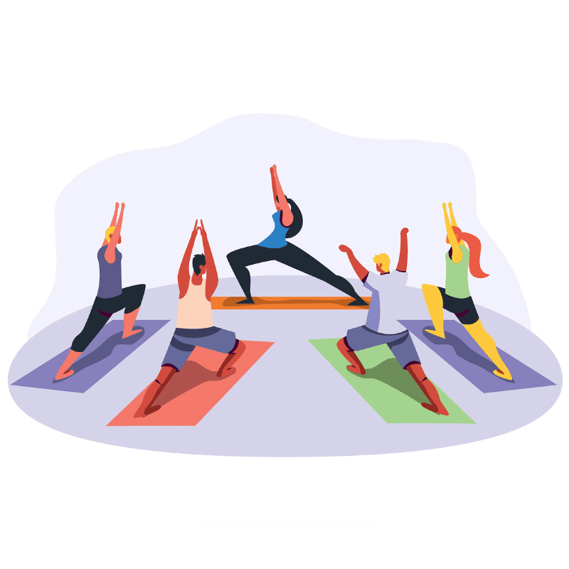 Five people practice yoga poses on colorful mats against a plain, light-colored background.