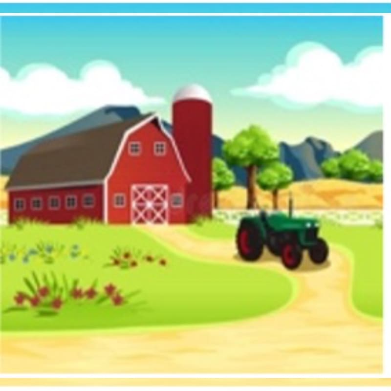 A green tractor drives along a dirt path in the foreground, with a red barn, silo, and distant mountains under a cloudy blue sky in the background.