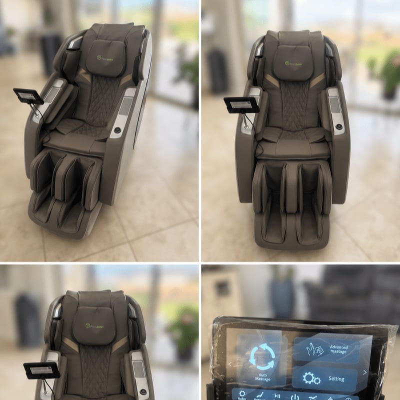 A brown massage chair with a digital control panel sits in a bright, blurred indoor room.